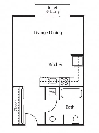 A floor plan of a Juliet balcony apartment with a living/dining area, kitchen, bathroom, and closet.